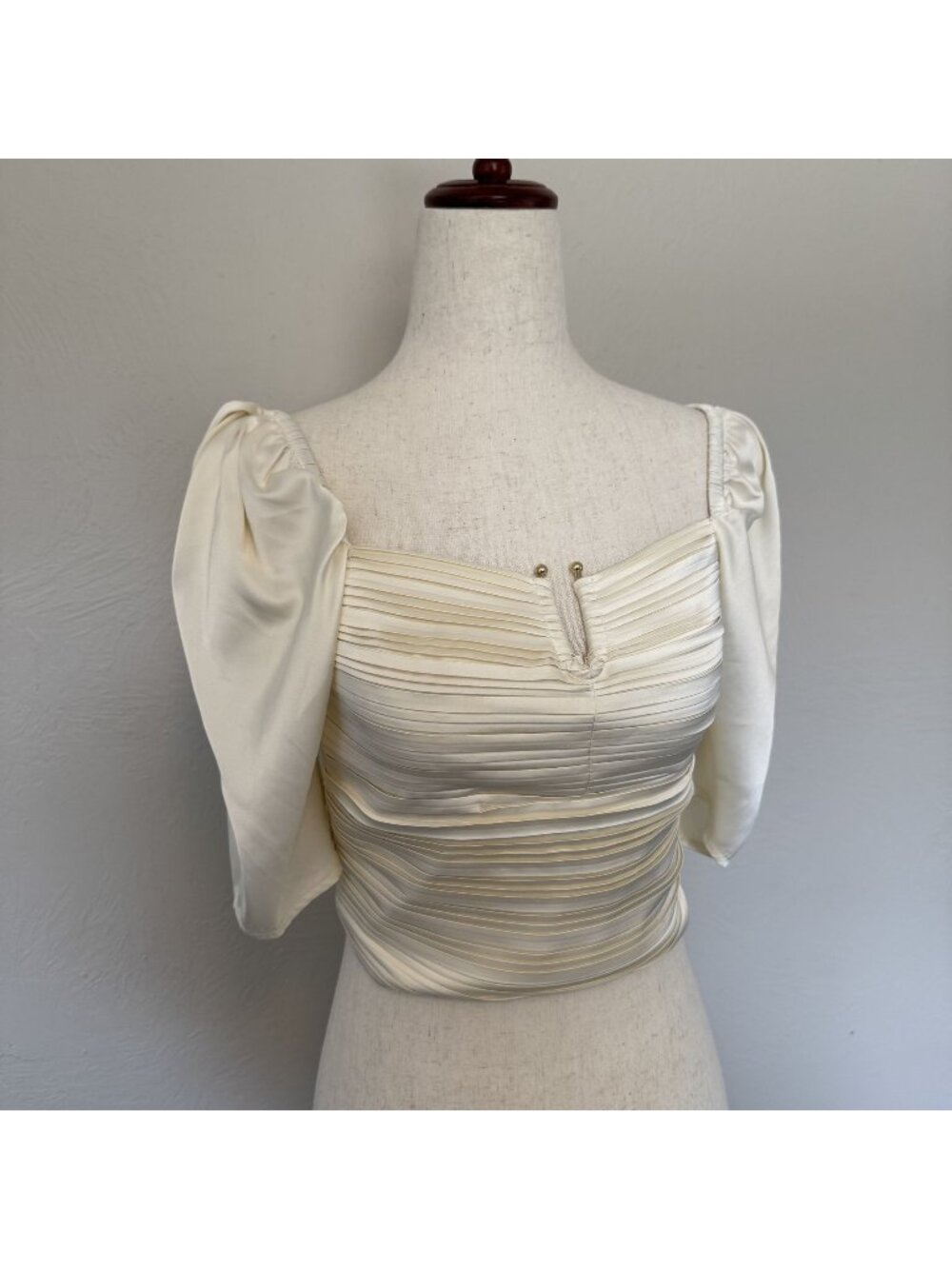 Express Cream Satin Puff Sleeve Crop Top - Smocked Notch Neck Blouse XS